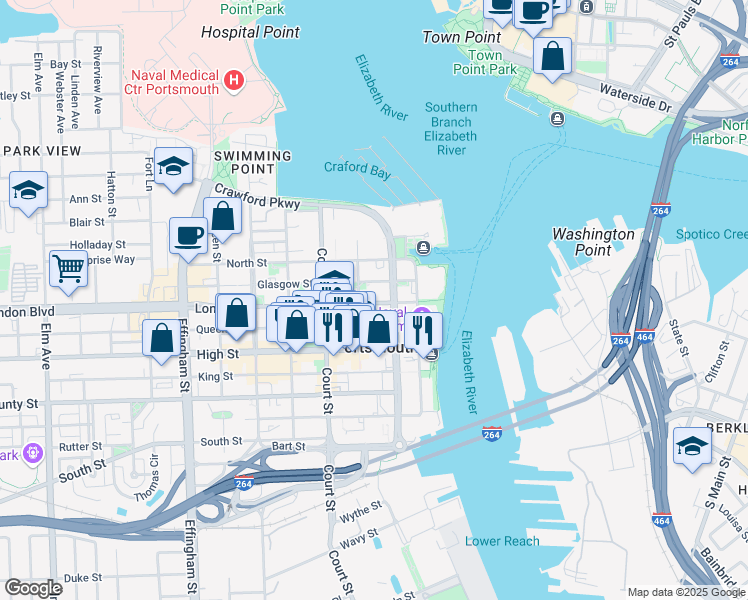 map of restaurants, bars, coffee shops, grocery stores, and more near 218 London Street in Portsmouth
