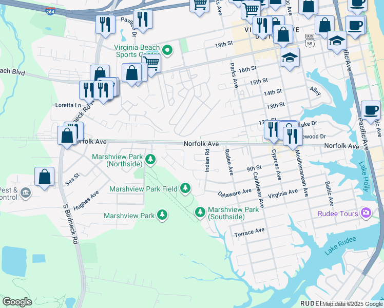 map of restaurants, bars, coffee shops, grocery stores, and more near 1146 Indian Road in Virginia Beach