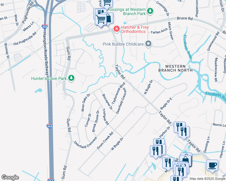map of restaurants, bars, coffee shops, grocery stores, and more near 3104 Taylorwood Court in Chesapeake