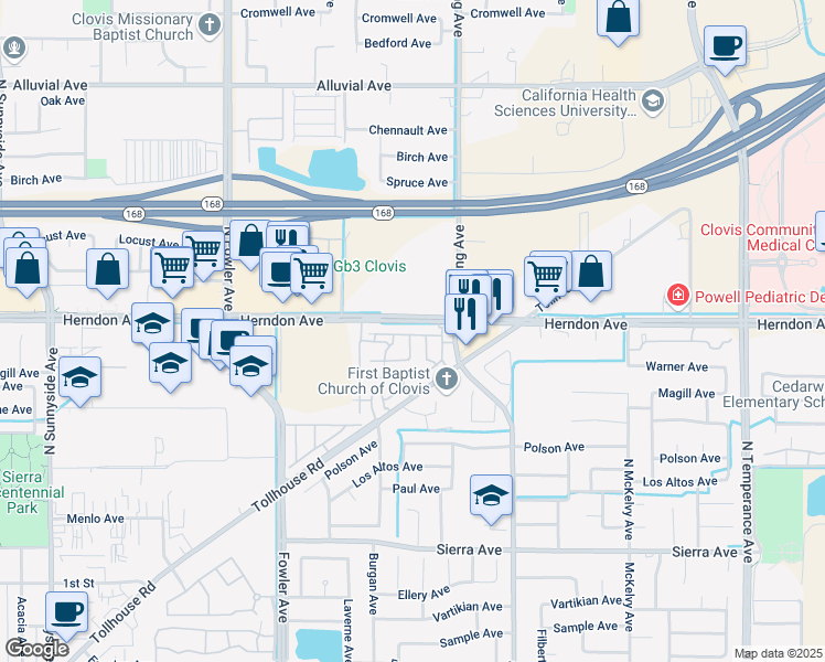 map of restaurants, bars, coffee shops, grocery stores, and more near 2077 Boccioni Lane in Clovis