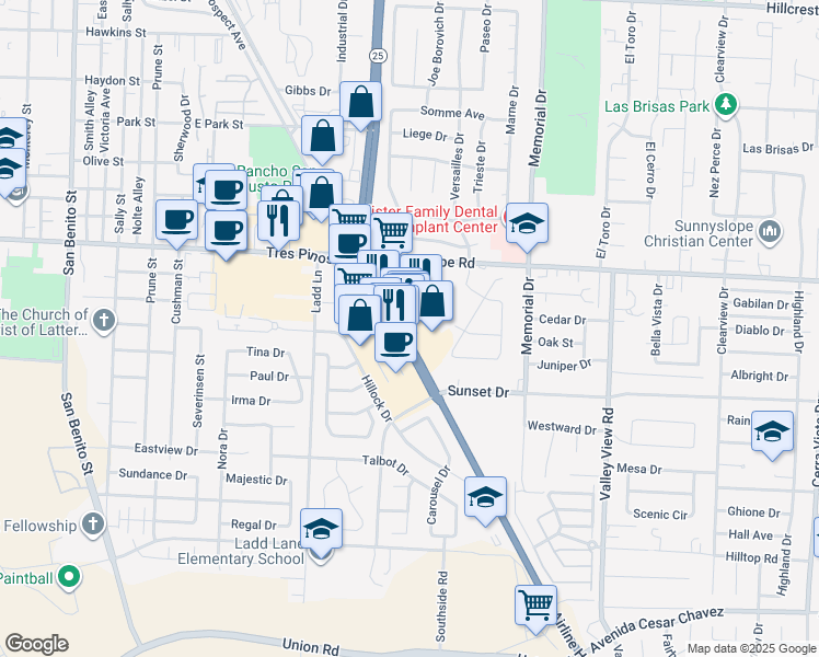 map of restaurants, bars, coffee shops, grocery stores, and more near 1711 Airline Highway in Hollister