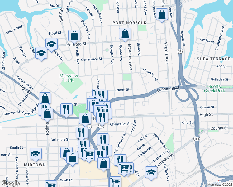 map of restaurants, bars, coffee shops, grocery stores, and more near 1007 Douglas Avenue in Portsmouth