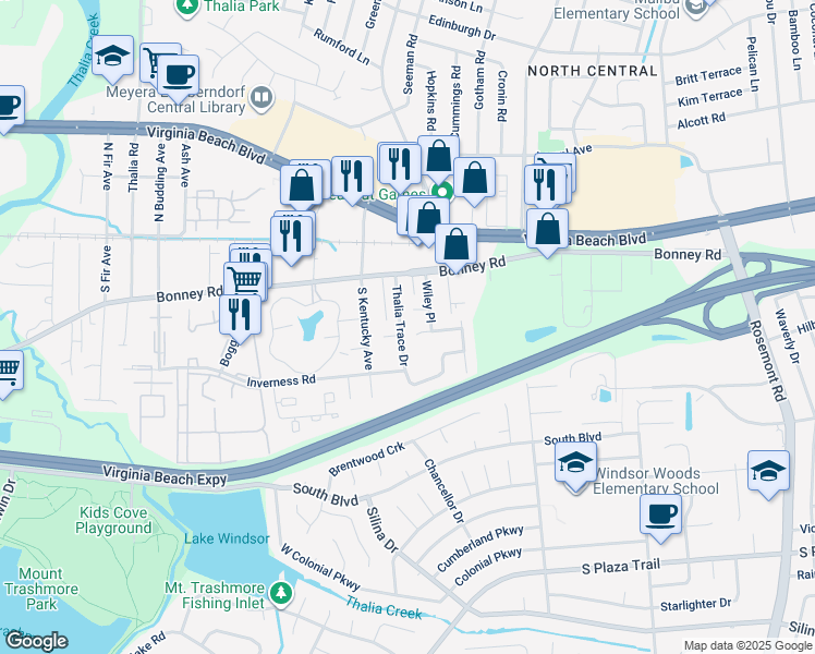map of restaurants, bars, coffee shops, grocery stores, and more near 152 Thalia Trace Drive in Virginia Beach