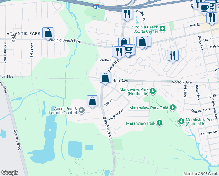 map of restaurants, bars, coffee shops, grocery stores, and more near 1091 Longstreet Avenue in Virginia Beach