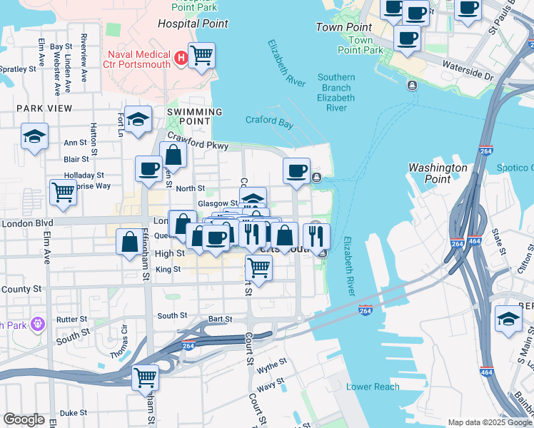 map of restaurants, bars, coffee shops, grocery stores, and more near 420 Middle Street in Portsmouth