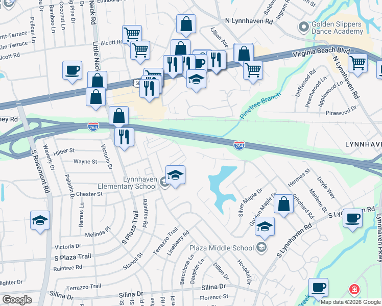 map of restaurants, bars, coffee shops, grocery stores, and more near 105 Golden Maple Drive in Virginia Beach