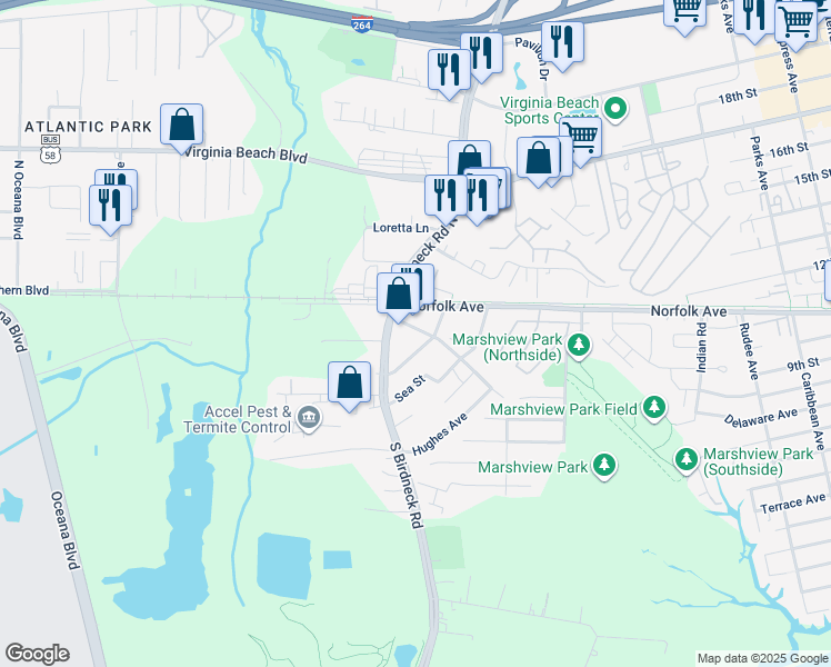map of restaurants, bars, coffee shops, grocery stores, and more near 1091 Longstreet Avenue in Virginia Beach