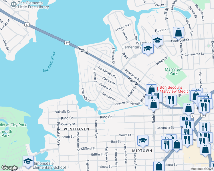 map of restaurants, bars, coffee shops, grocery stores, and more near 426 Sussex Drive in Portsmouth