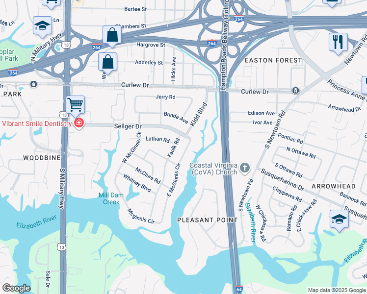 map of restaurants, bars, coffee shops, grocery stores, and more near 209 East McGinnis Circle in Norfolk
