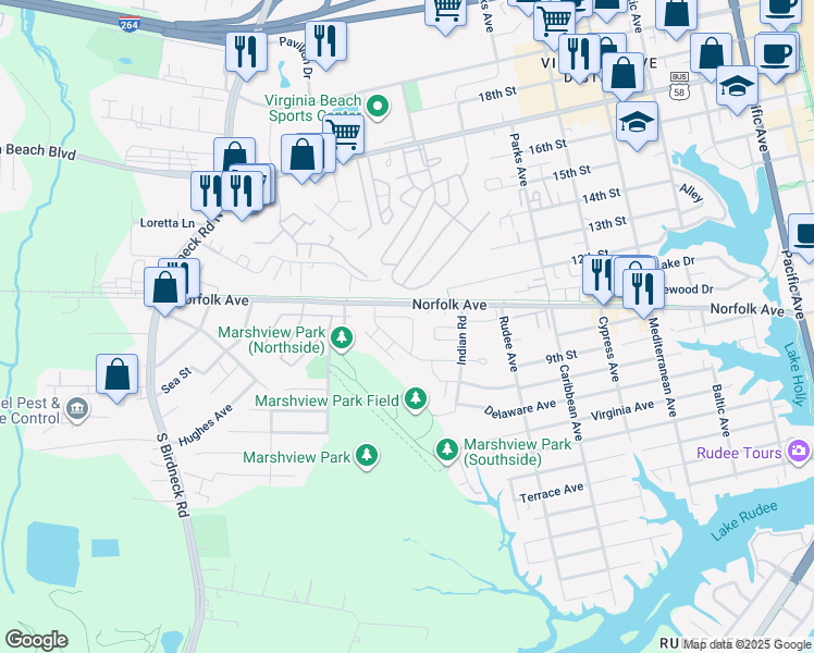 map of restaurants, bars, coffee shops, grocery stores, and more near 434 Marsh Duck Way in Virginia Beach