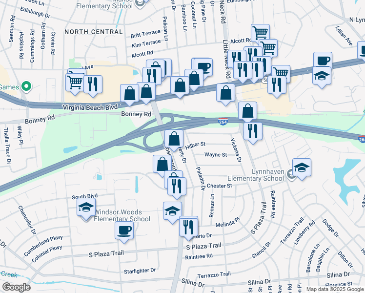 map of restaurants, bars, coffee shops, grocery stores, and more near 3564 Hilber Street in Virginia Beach