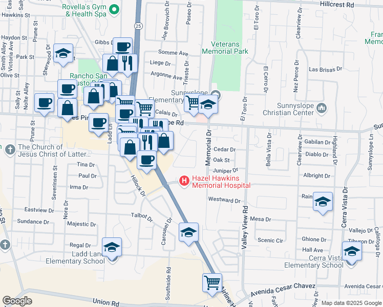 map of restaurants, bars, coffee shops, grocery stores, and more near 1840 Black Forest Drive in Hollister