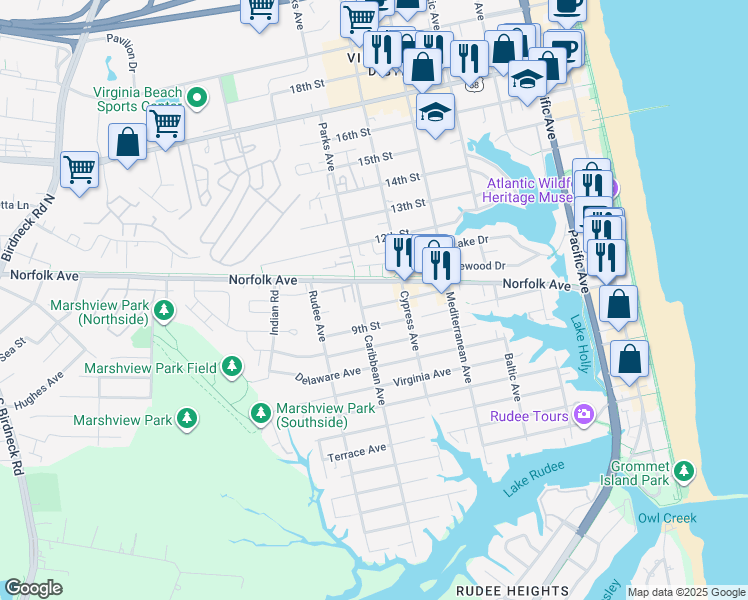 map of restaurants, bars, coffee shops, grocery stores, and more near 723 10th Street in Virginia Beach