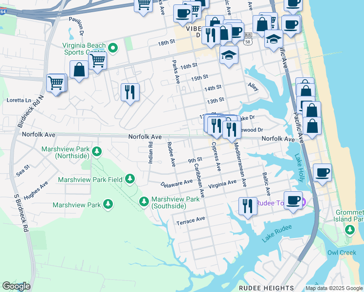 map of restaurants, bars, coffee shops, grocery stores, and more near 1009 Barclay Square in Virginia Beach