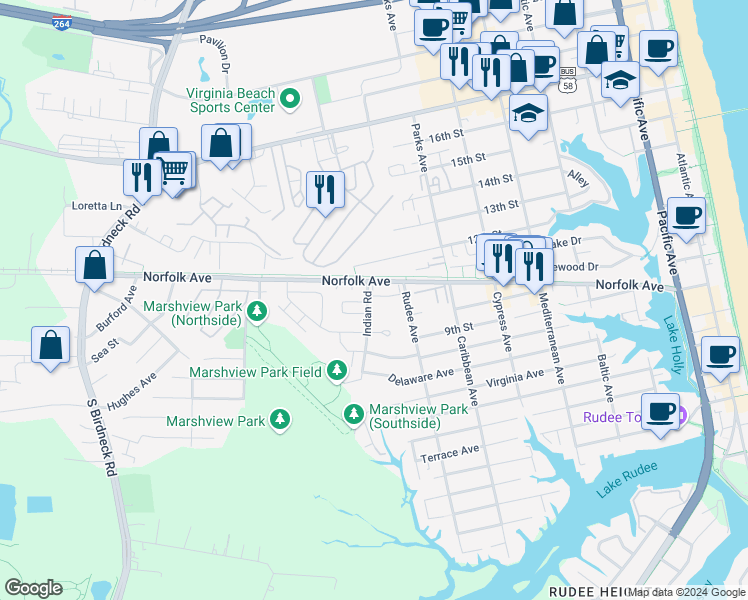 map of restaurants, bars, coffee shops, grocery stores, and more near 1200 Indian Road in Virginia Beach