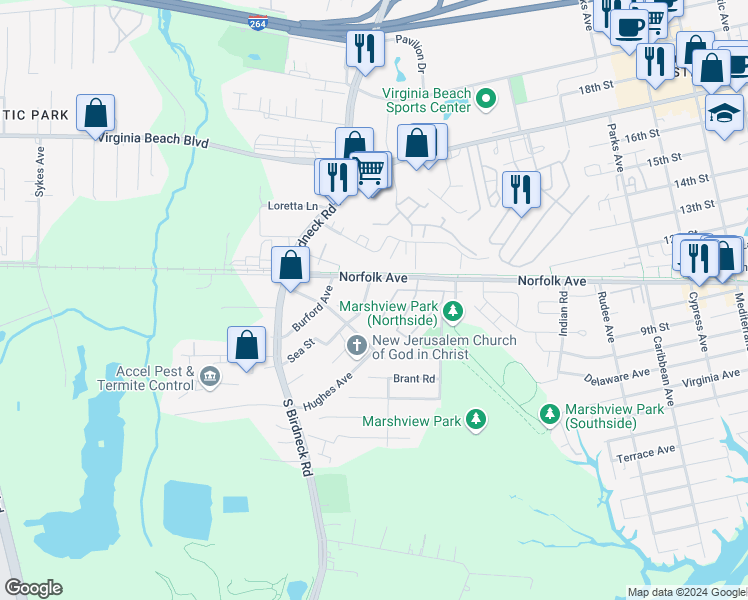 map of restaurants, bars, coffee shops, grocery stores, and more near 120 Ackiss Avenue in Virginia Beach
