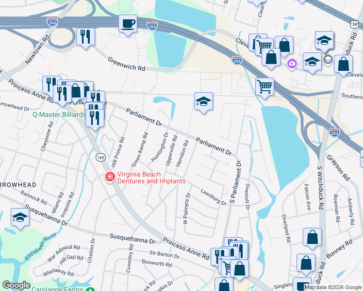 map of restaurants, bars, coffee shops, grocery stores, and more near 160 Herndon Road in Virginia Beach