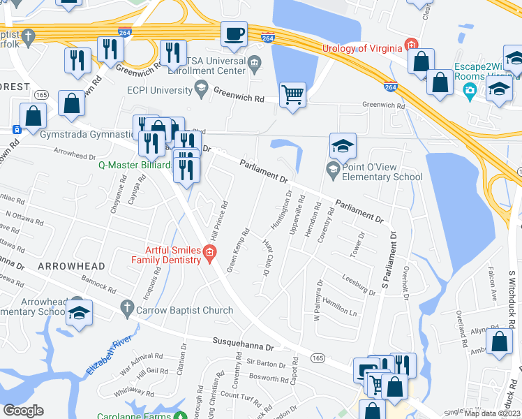 map of restaurants, bars, coffee shops, grocery stores, and more near 5453 Huntington Court in Virginia Beach