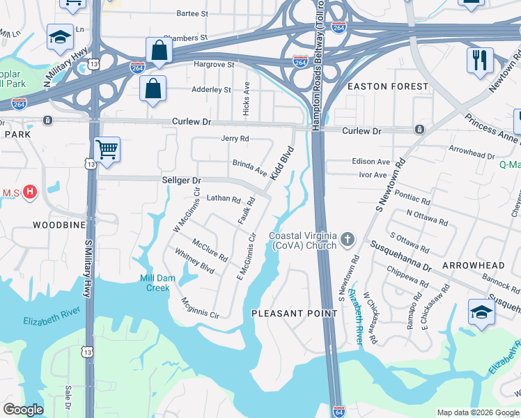 map of restaurants, bars, coffee shops, grocery stores, and more near 209 East McGinnis Circle in Norfolk