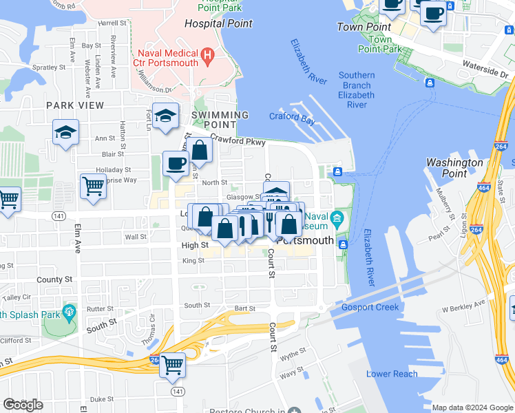 map of restaurants, bars, coffee shops, grocery stores, and more near 420 London Street in Portsmouth