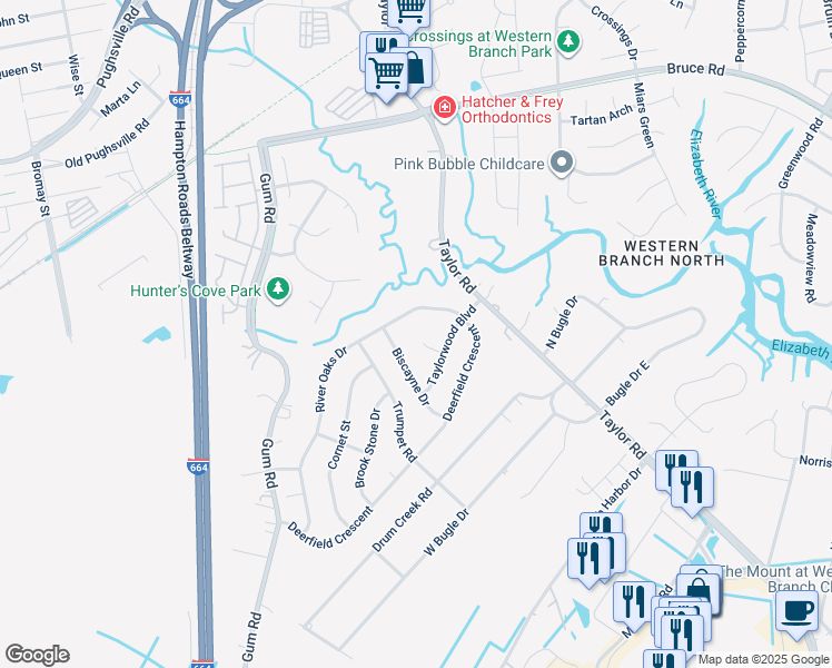 map of restaurants, bars, coffee shops, grocery stores, and more near 3112 Taylorwood Court in Chesapeake