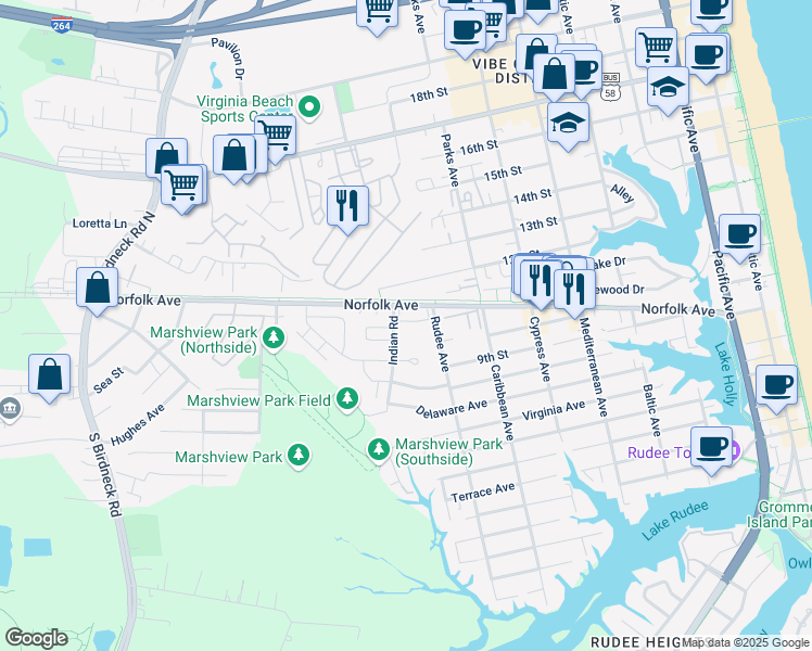 map of restaurants, bars, coffee shops, grocery stores, and more near 939 Rudee Court in Virginia Beach