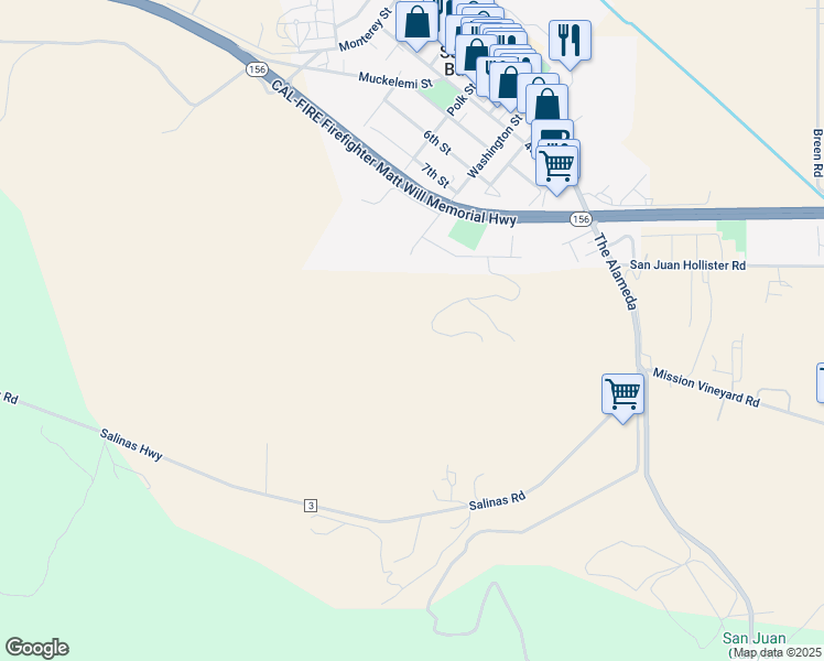 map of restaurants, bars, coffee shops, grocery stores, and more near 15 Stephens Drive in San Juan Bautista