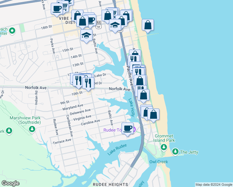 map of restaurants, bars, coffee shops, grocery stores, and more near 422 9th Street in Virginia Beach