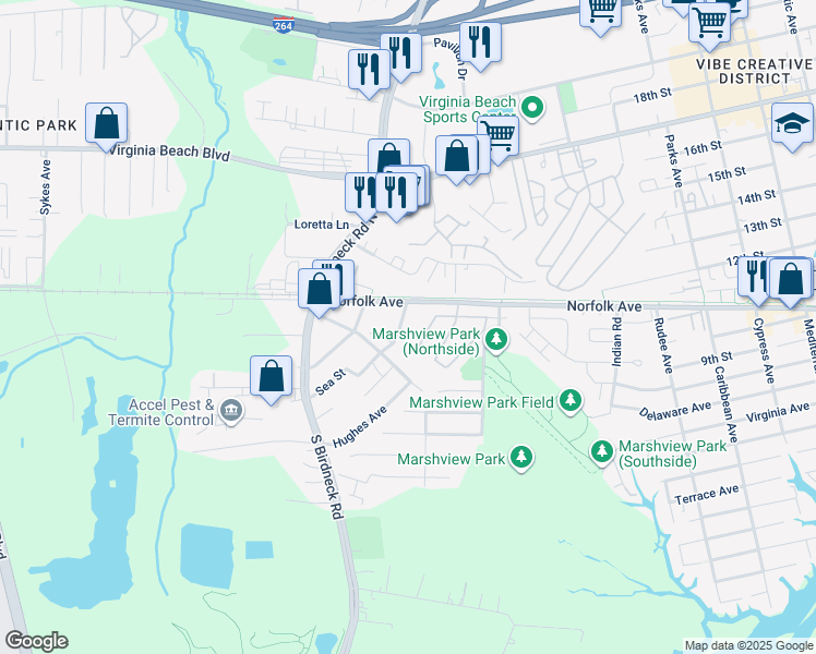 map of restaurants, bars, coffee shops, grocery stores, and more near 120 Ackiss Avenue in Virginia Beach