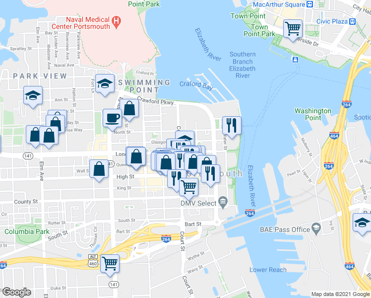 map of restaurants, bars, coffee shops, grocery stores, and more near 326 London Street in Portsmouth