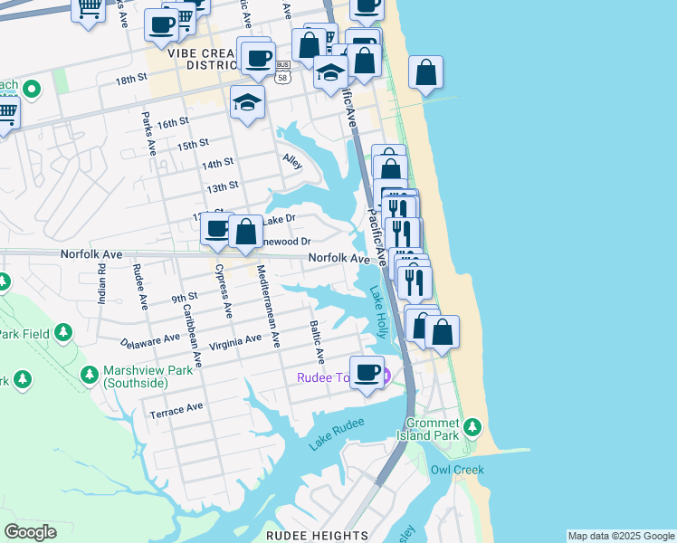 map of restaurants, bars, coffee shops, grocery stores, and more near 412 9th Street in Virginia Beach