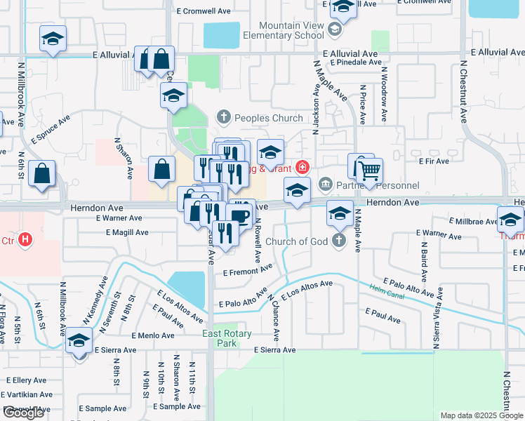map of restaurants, bars, coffee shops, grocery stores, and more near Frontage Road in Fresno