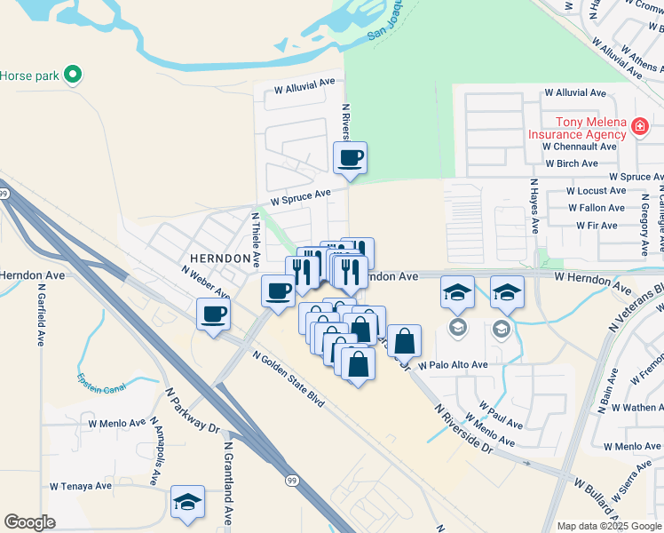 map of restaurants, bars, coffee shops, grocery stores, and more near 6651 West Parr Avenue in Fresno