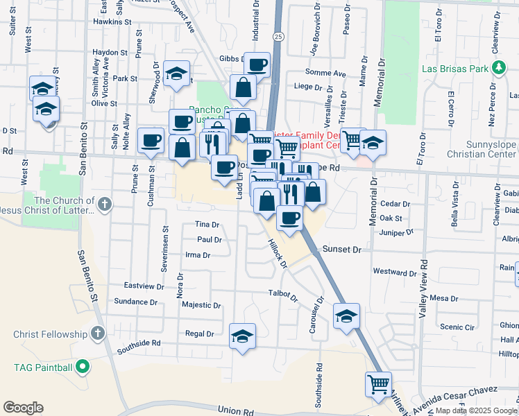 map of restaurants, bars, coffee shops, grocery stores, and more near 1700 Airline Highway in Hollister