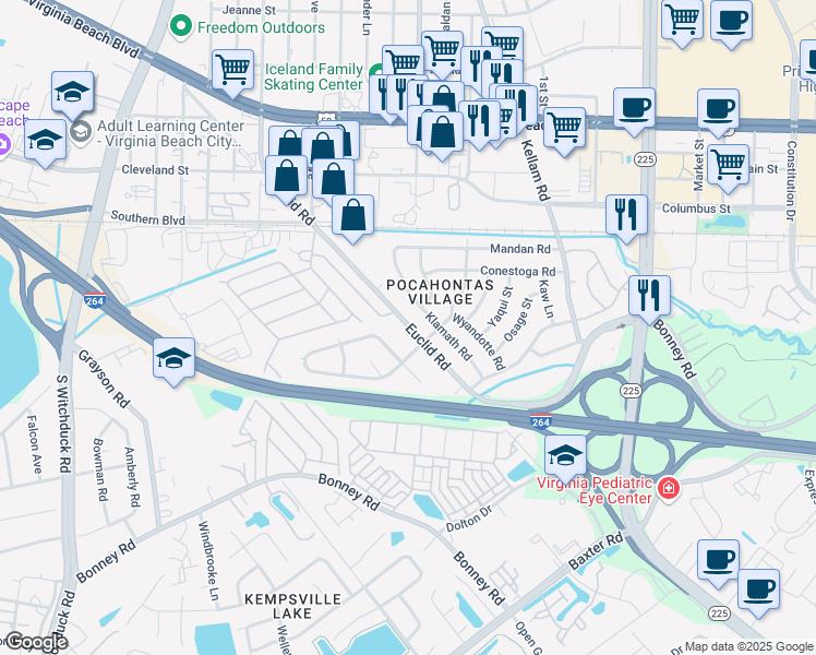 map of restaurants, bars, coffee shops, grocery stores, and more near in Virginia Beach