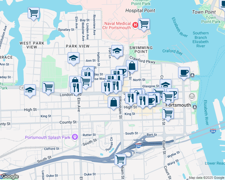map of restaurants, bars, coffee shops, grocery stores, and more near 850 Virginia 141 in Portsmouth