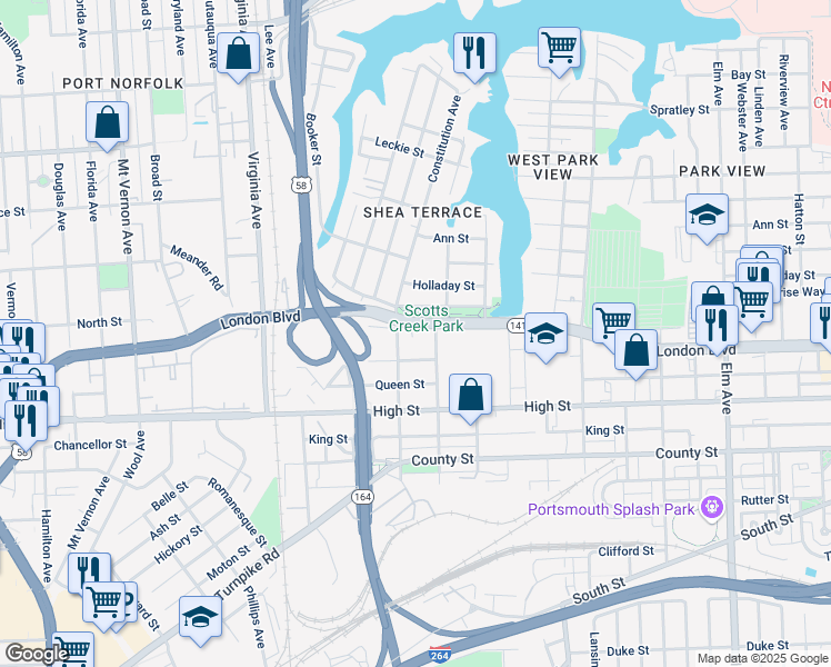 map of restaurants, bars, coffee shops, grocery stores, and more near 2023 London Boulevard in Portsmouth