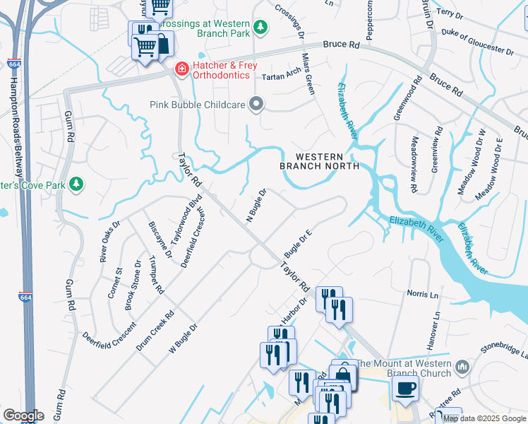 map of restaurants, bars, coffee shops, grocery stores, and more near 2209 West Bugle Drive in Chesapeake