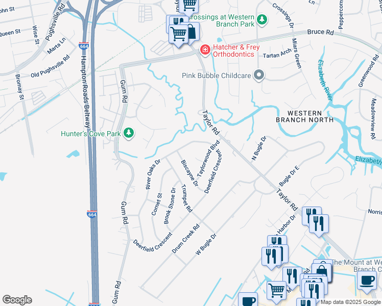map of restaurants, bars, coffee shops, grocery stores, and more near 3112 Taylorwood Court in Chesapeake