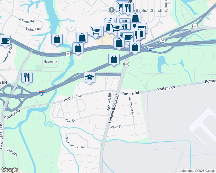 map of restaurants, bars, coffee shops, grocery stores, and more near 2400 Potters Road in Virginia Beach