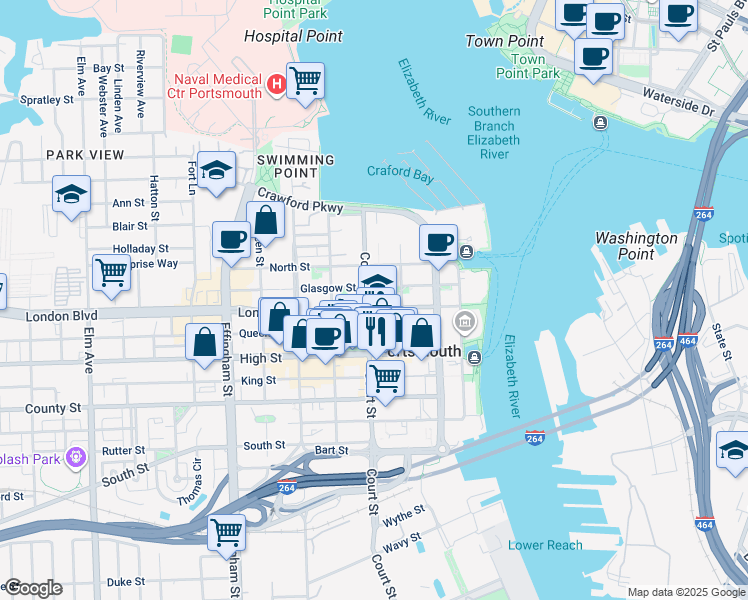 map of restaurants, bars, coffee shops, grocery stores, and more near 417 Court Street in Portsmouth