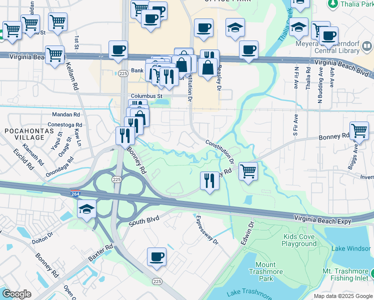 map of restaurants, bars, coffee shops, grocery stores, and more near 4644 Genoa Circle in Virginia Beach