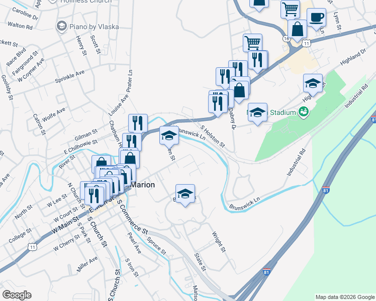 map of restaurants, bars, coffee shops, grocery stores, and more near 621 E Main St in Marion