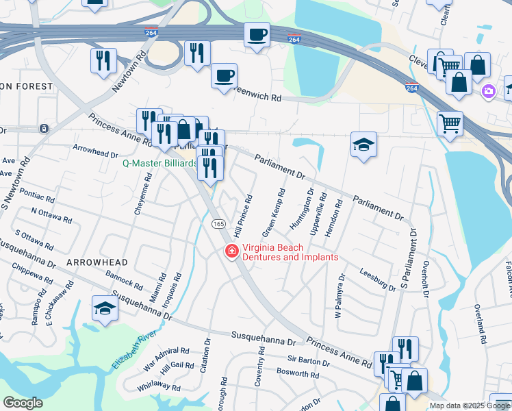 map of restaurants, bars, coffee shops, grocery stores, and more near 162 Hill Prince Road in Virginia Beach