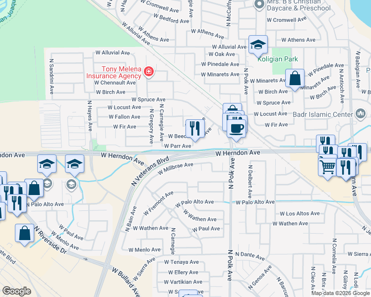 map of restaurants, bars, coffee shops, grocery stores, and more near 5713 West Parr Avenue in Fresno