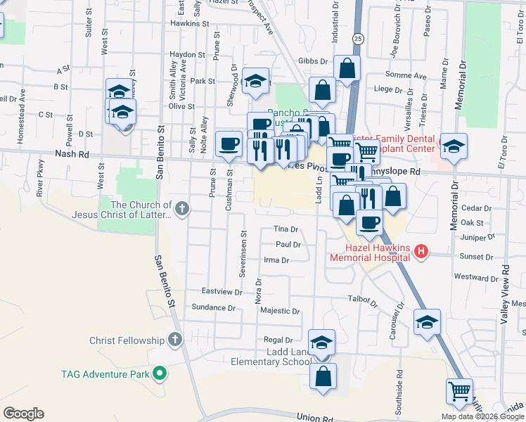 map of restaurants, bars, coffee shops, grocery stores, and more near 230 Slate Avenue in Hollister