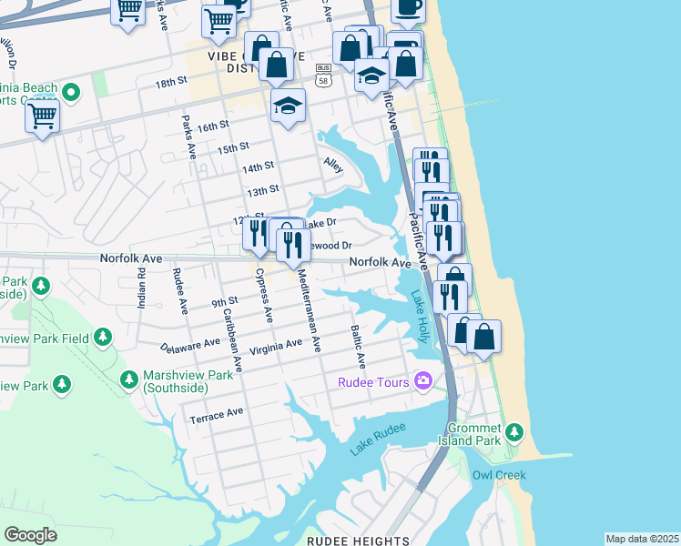 map of restaurants, bars, coffee shops, grocery stores, and more near 515 9th Street in Virginia Beach