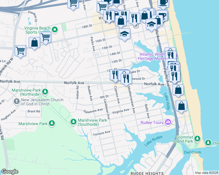 map of restaurants, bars, coffee shops, grocery stores, and more near 723 10th Street in Virginia Beach