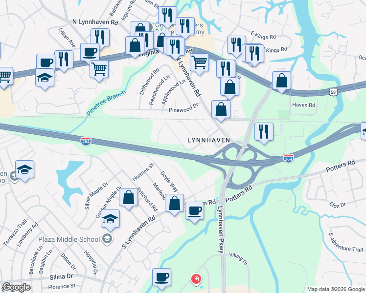 map of restaurants, bars, coffee shops, grocery stores, and more near 2800 Ansol Lane in Virginia Beach