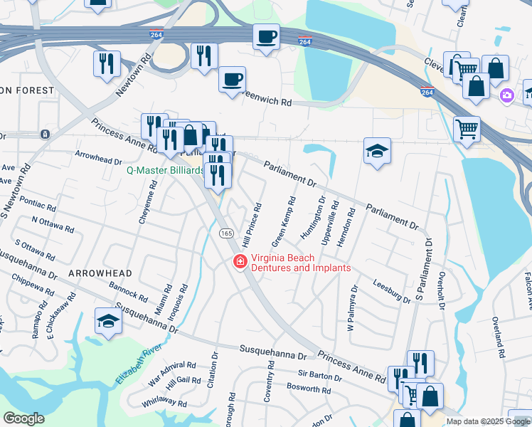 map of restaurants, bars, coffee shops, grocery stores, and more near 162 Hill Prince Road in Virginia Beach